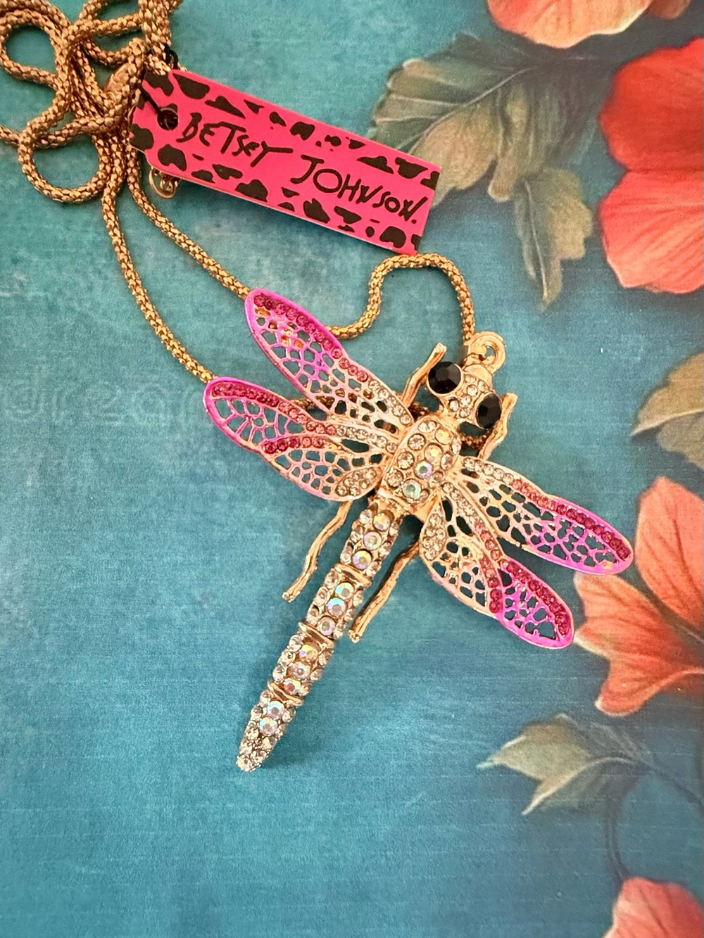 Betsey Johnson Gold-tone Dragonfly Necklace with Pink Accents